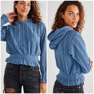 💙 FREE PEOPLE Blue Horizon Ribbed Ruffle Birdie Pullover Top Sweatshirt Hoodie